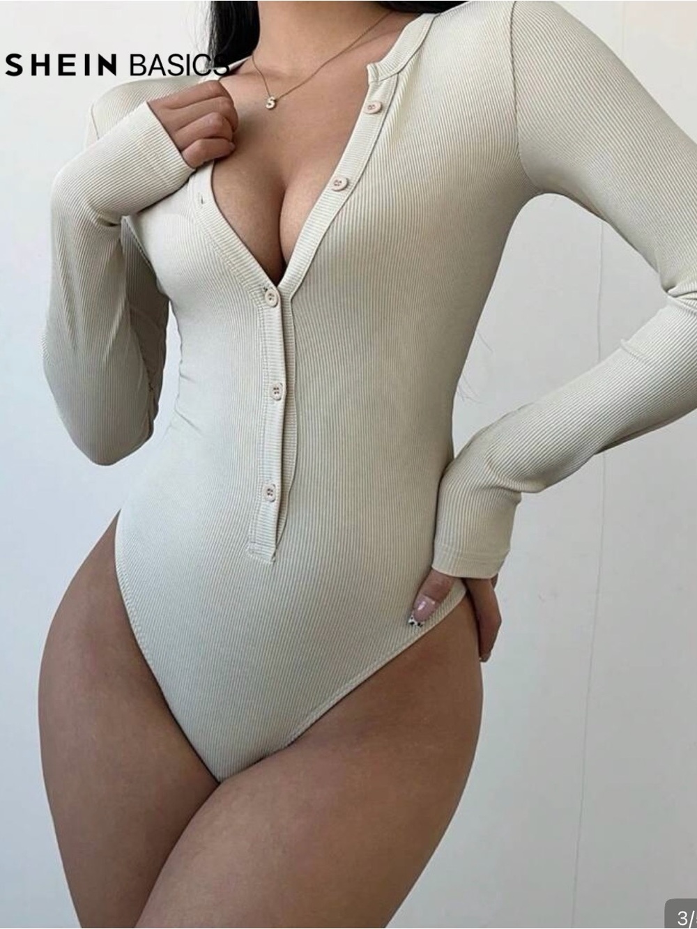 SHEIN Cream Ribbed Long Sleeve Henley Bodysuit